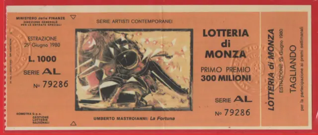 Biglietto Lotteria Di Monza Corsa Automobilistica Anno 1980 Con Tagliando