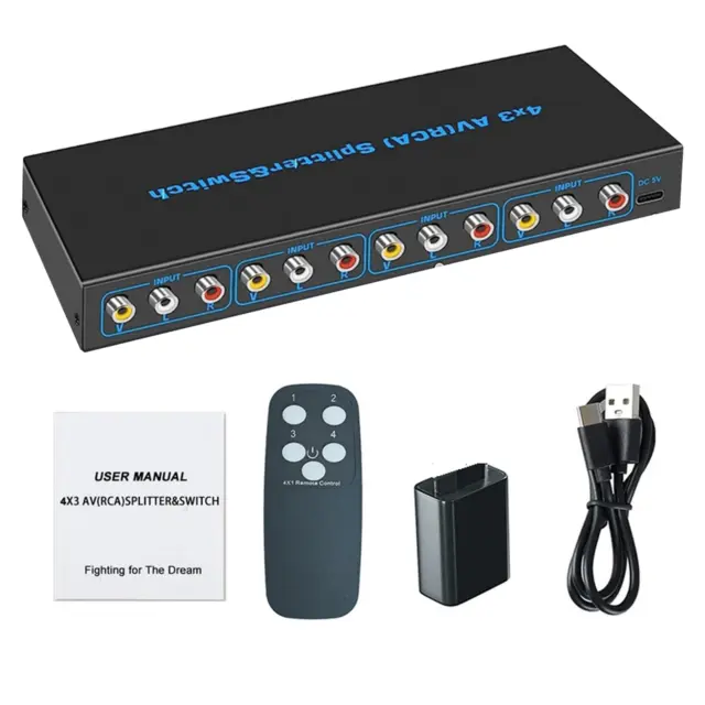 4 Way RCA AV Switch Splitter Box For HDTV LCD DVD 3 RCA Switcher 4 to 1 Selector