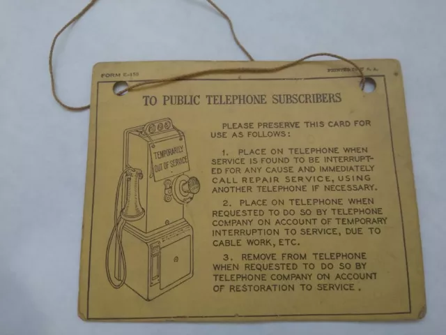 Vintage Public Telephone Pay Phone Temporarily `Out of Service Card