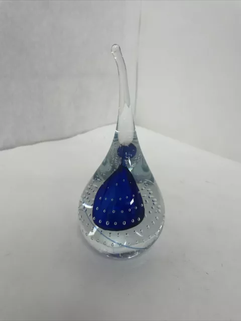 Adam Jablonski Poland Paperweight Crystal Teardrop Shaped Clear/Blue Signed