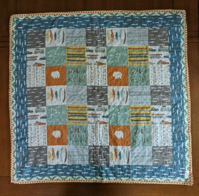 Quilted Baby Boy Blanket Quilt Fishing Theme Minky Blue Green Gray Orange MOMni