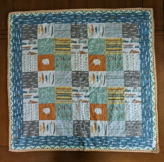 Quilted Baby Boy Blanket Quilt Fishing Theme Minky Blue Green Gray Orange MOMni