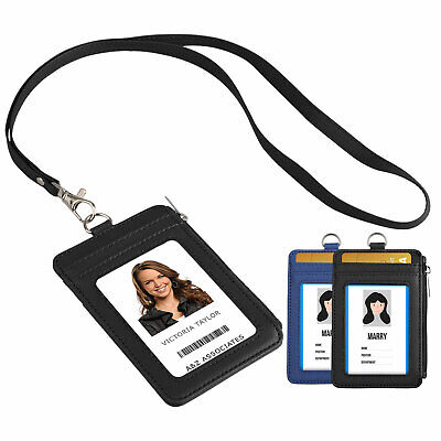 Vertical Leather ID Card Holder Badge Wallet Pocket w/6 Slot+Neck Strap Lanyard