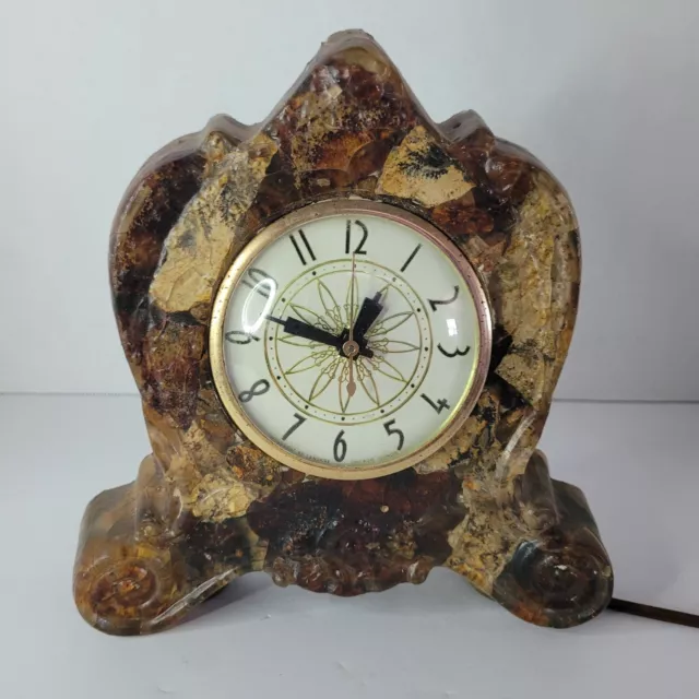 Vintage Lanshire Electric Mantle Shelf Clock Heavy Resin Vomit Rock Orange Works