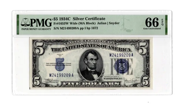 $5 1934C Silver Certificate Fr. 1653W Wide (MA Block) - PMG 66 EPQ
