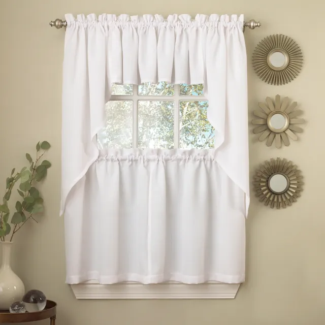 White Solid Opaque Ribcord Kitchen Curtains - Choice of Tiers Valance or Swag