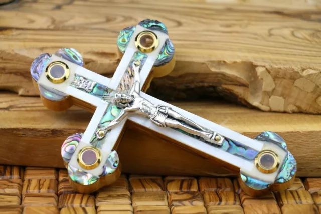 Olive Wood Cross Jerusalem Mother of Pearl Holy Land Crucifix Wall Hand Made