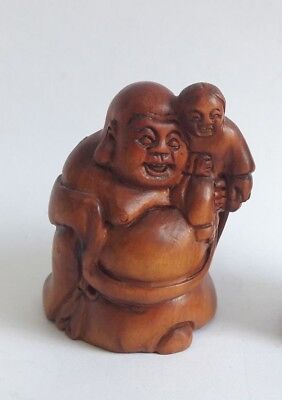 Vtg Japanese Detailed Hand-Carved Wooden Signed Netsuke Fat Man & Child H 4.8 cm