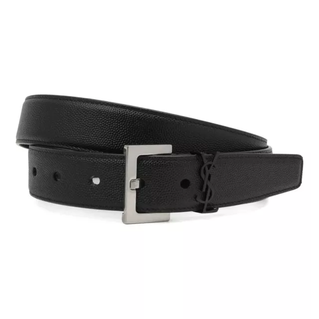SAINT LAURENT Cassandre YSL Monogram Grain de Poudre Leather Belt Black Size 70