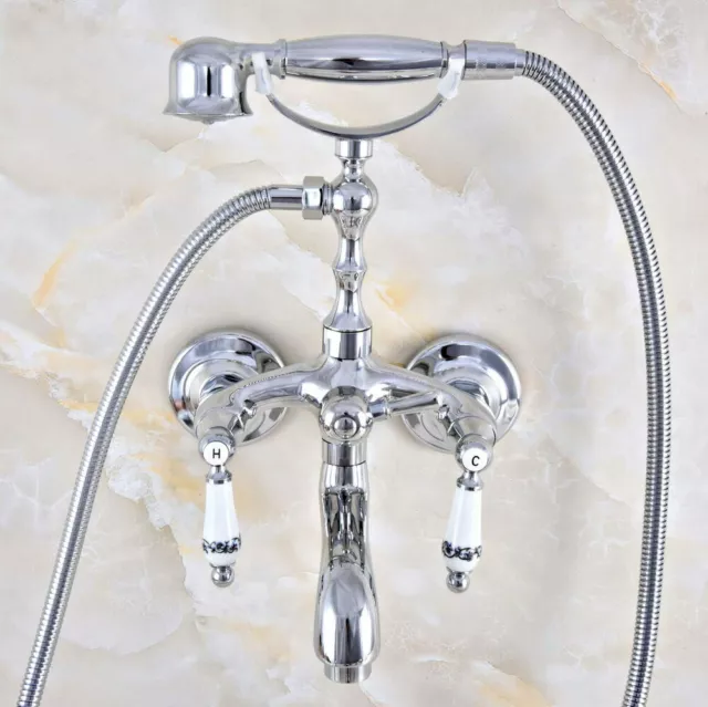 Chrome Brass Wall Mount Clawfoot Bath Tub Shower Faucet Sets w/ Handheld Shower