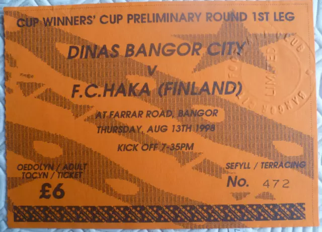 Dinas Bangor City v FC Haka (Finland) Ticket (Cup Winners Cup Preliminary 1998)