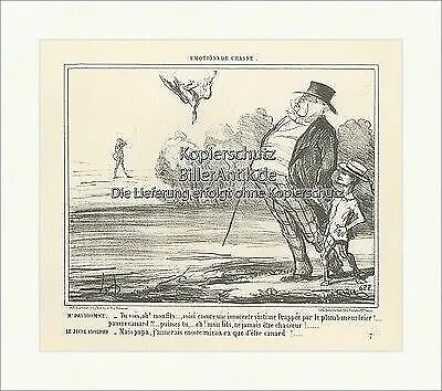 Vater und Sohn Ente Schuss Gebüsch Unterhaltung Junge Daumier Original 07