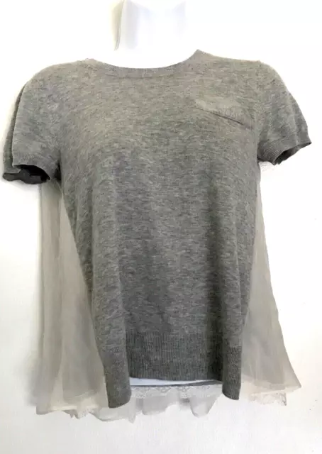 Sacai Luck Women’s Grey White Lace Bottom Short Sleeve Tulle Underlay Top XS/ S