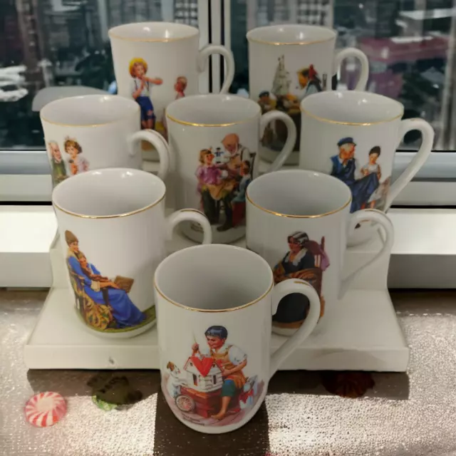 Set of 8 Vintage Norman Rockwell Museum Coffee Tea Mug Gold Tone Rim 1982