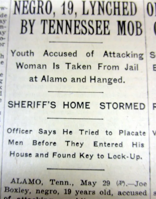 Best 1929 NY TIMES newspaper NEGR0 TEENAGER LYNCHED MURDERED in ALAMO TENNESSEE
