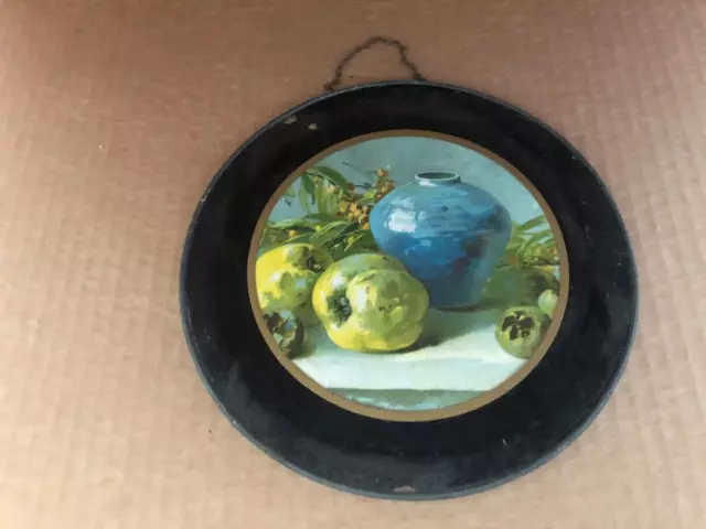 Vintage GERMANY FLUE COVER Flowers Fruit Nut Art Pottery Vase reverse painted #6