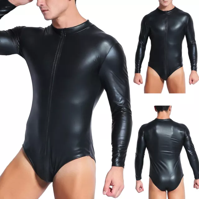 Body Freebily uomo wetlook manica lunga vernice pelle body con cerniera clubwear