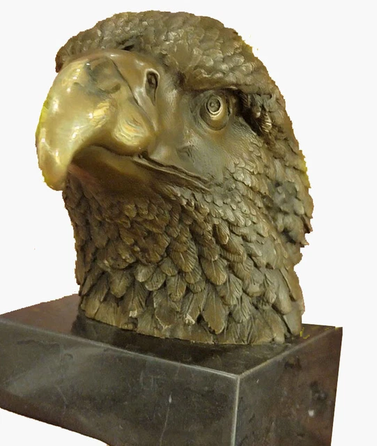 BRONZE EAGLE HEAD Statue Bust on Marble Base Signed by Artist Milo