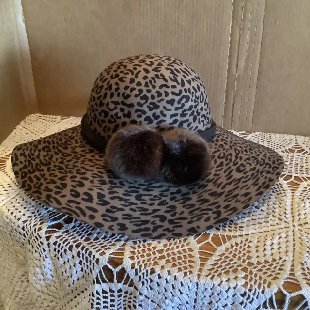 Anna & Ava*100% Wool Wide Brim Floppy Hat*Pom Pom Band*Animal Print