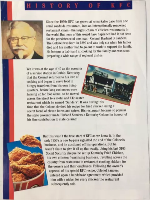 History Of KFC (Kentucky Fried Chicken) Original 1990s 2pp A5 Flyer UK Near Mint