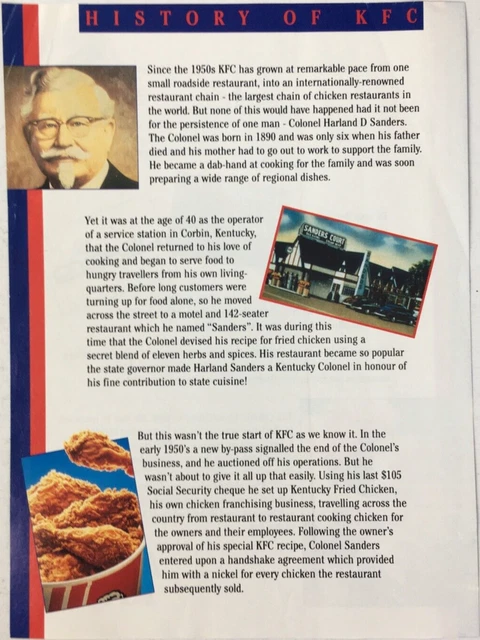 History Of KFC (Kentucky Fried Chicken) Original 1990s 2pp A5 Flyer UK Near Mint