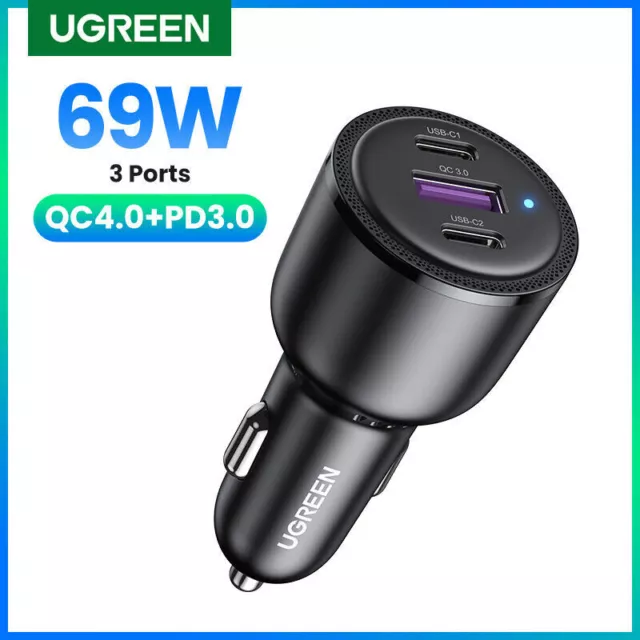 UGREEN 69W Car Charger USB Type C PD QC4.0 3.0 Fast Charging For iPhone Samsung