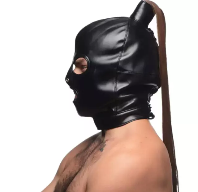 Gimp Head Mask Harness Pony Tail Riding Hood Bondage Submissive Couple Game BDSM