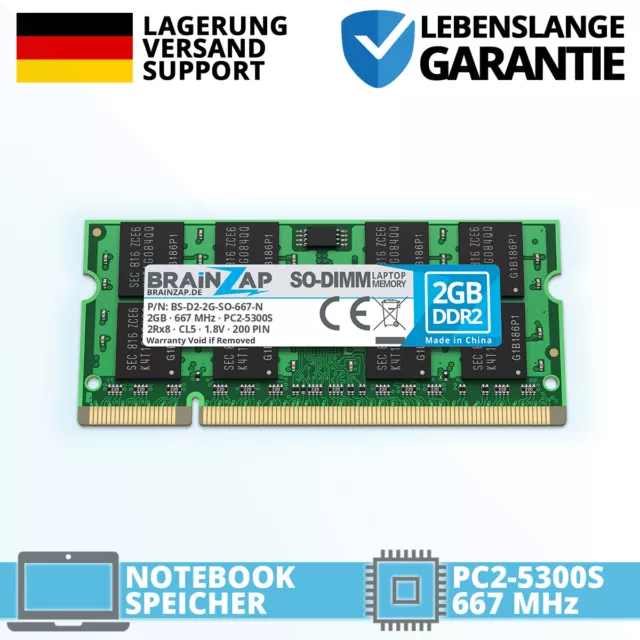 2GB DDR2 RAM SO-DIMM PC2-5300S 2Rx8 667 MHz 1.8V Notebook Arbeitsspeicher CL5