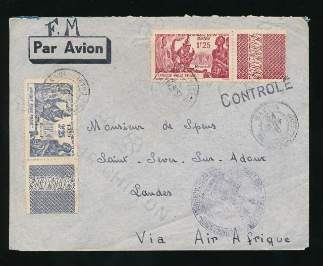 French Africa 1940 Airmail Aef Military Censor Worlds Fair Set Marginal Imprints