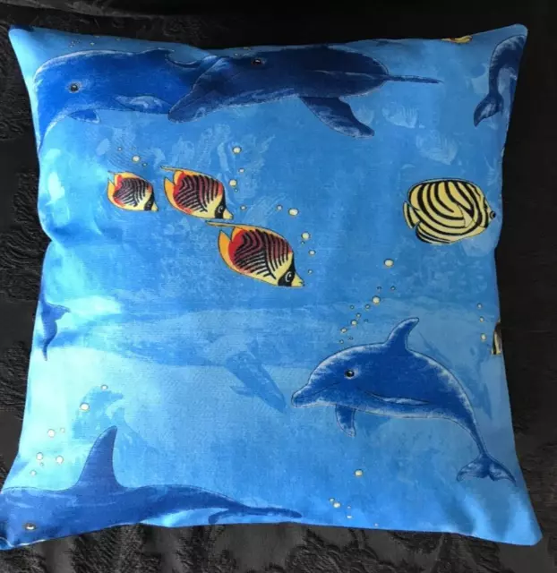Dolphins on blue fabric cushion new 17in x 17in  with navy backing handmade