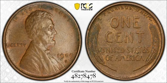 1909-S VDB Lincoln Cent Wheat Penny, PCGS-graded AU58