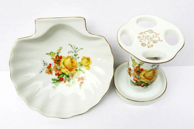 Royal Crown Porcelain Japan Toothbrush Holder & Soap-Dish Floral Gold Trim Set