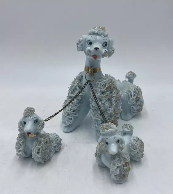 VTG Lefton 3 Piece Vintage Porcelain Light Blue Spaghetti Poodle Family on Chain