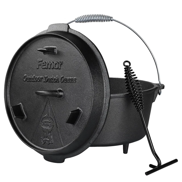Feuertopf 8 L Dutch Oven Füße inkl Deckelheber für BBQ Lagerfeuer 5-9 Personen