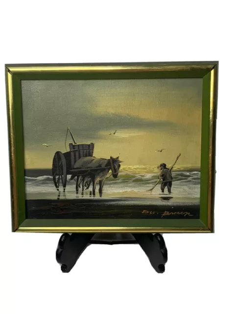 Vtg Painting Horse & Cart  at the Beach Fisherman SEE ARTIST SIGNATURE Bruin?