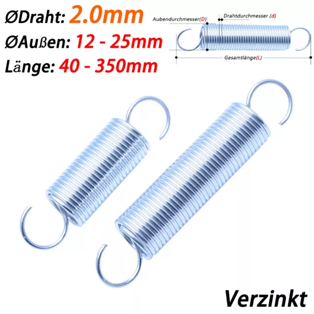 Drahtdurch 2.0mm Zugfedern Verzinkt Federstahl Haken Spannfeder Länge 40mm-350mm