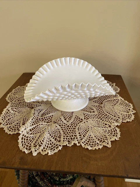 Vintage Fenton Milk Glass Hobnail Fruit Basket Banana Basket Bowl 12”