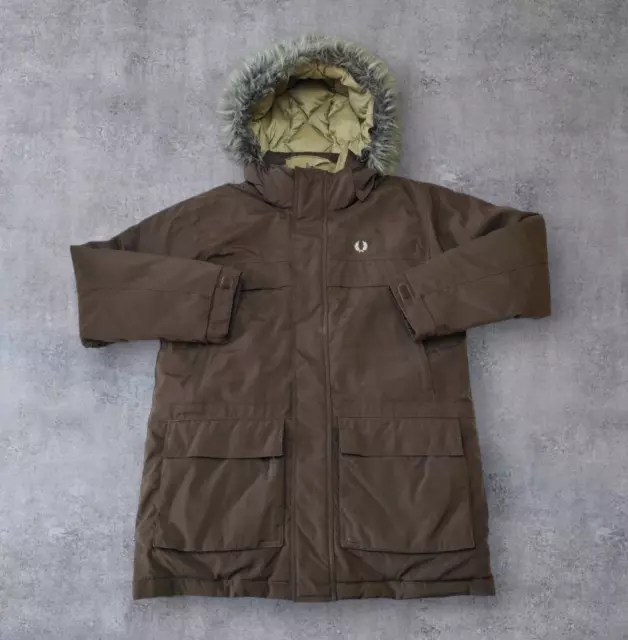 FRED PERRY PARKA Jacket Coat Fur Hood Mens Brown Size Large Casual ...