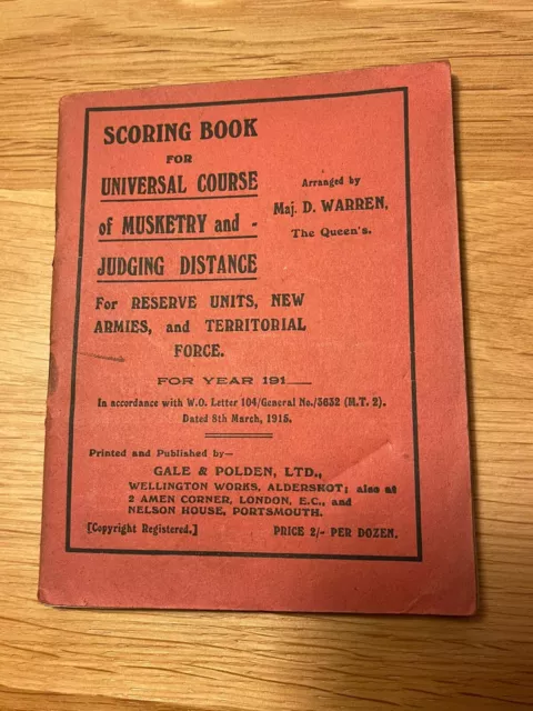 Scoring Book For Army Soldier's Course Musketry & Distance 1915 WW1 Target Gun