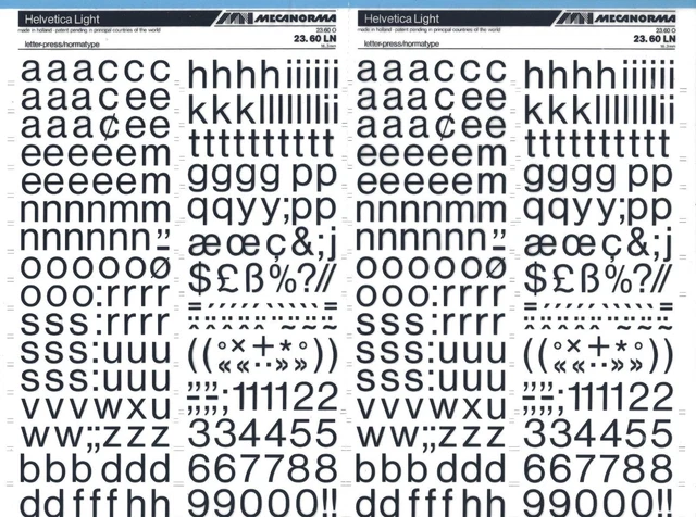 Hoja de Letras de Transferencia MECANORMA A3 #736 HELVETICA LUZ 16,3mm