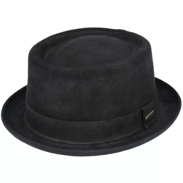 Pork Pie Men's Leather Hat Gladwin Bond Genuine Sheepskin Hat - Black And Brown