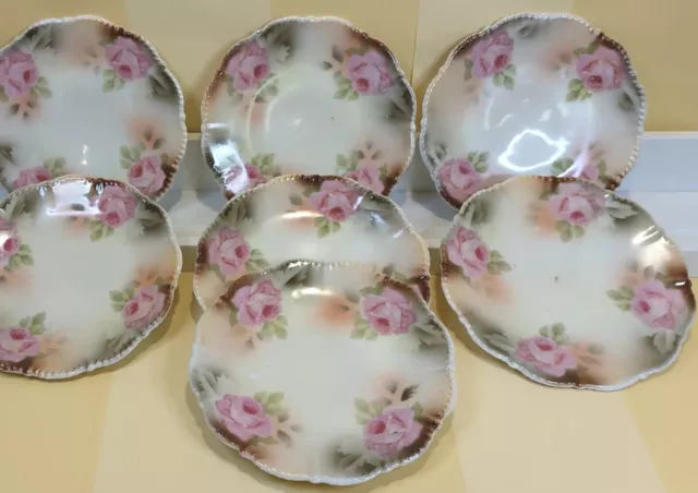 7 Silesia Germany porcelain hand painted pink rose Plates Antique  scalloped
