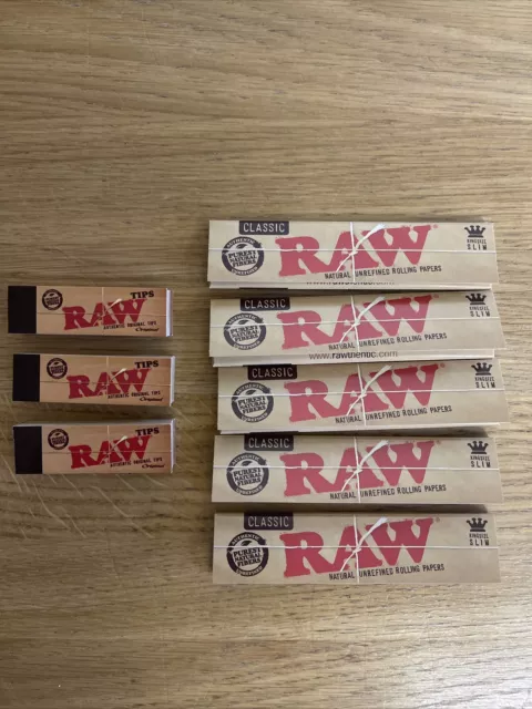 5 RAW Classic Natural Unrefined Rizla Rolling Papers Slim 110mm King Size 3 Tips