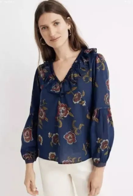 Madewell x Warm Ruffle-Collar Blouse Top in Honolulu Hibiscus Navy Blue Floral S
