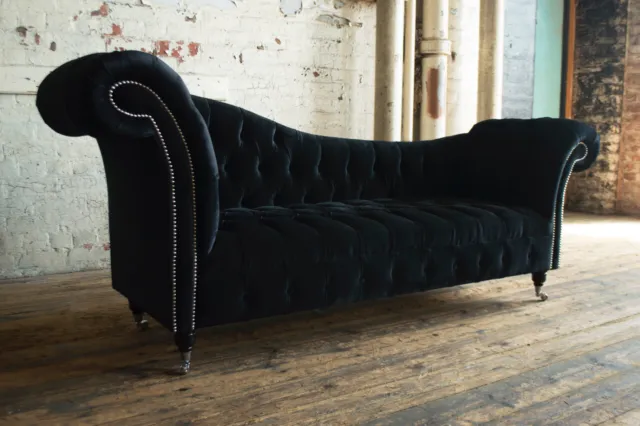 Handmade Luxury Black Velvet Fabric Chesterfield Chaise Longue Sofa Couch
