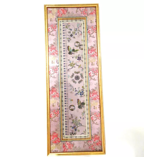 Antique Chinese Silk Embroidered Butterfly Picture 9x23.5 Framed