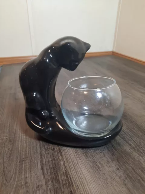 Large Black Cat Pottery Sculpture W/Fish Bowl 8" H