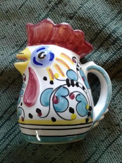 Vintage Deruta Italy Pottery Hand Painted Rooster Pitcher  Creamer 4.5” tall