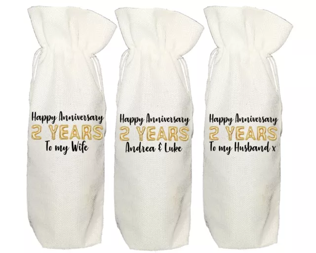 2nd Wedding Anniversary Personalised wine bag gift two years gold second cotton