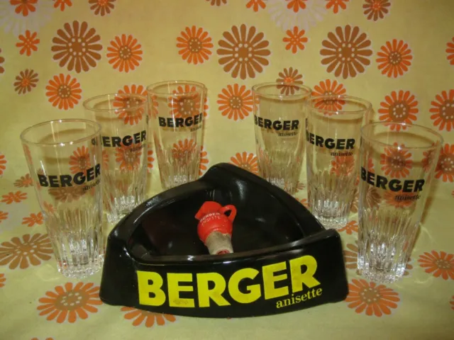 Lot Ancien BERGER ANISETTE 6 VERRES + GRAND CENDRIER + BEC VERSEUR Pastis Ricard